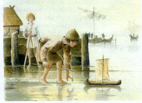 Children playing with the Winetaven Street toy boat. Artist's impression by Jane Brayne