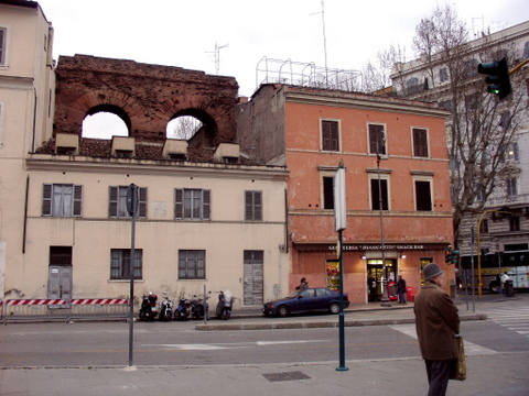 Section of Neronian aqueduct integrated into modern buildings, Rome